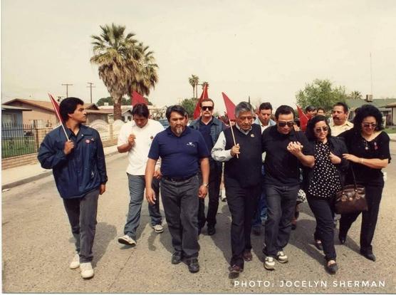 Cesar Chavez (center) at funeral services for childhood farm worker cancer victim Miriam Robles. Earlimart, CA, the small town just north of Delano where Miriam lived, had a cancer rate 1200% higher than what was expected in a community of its size