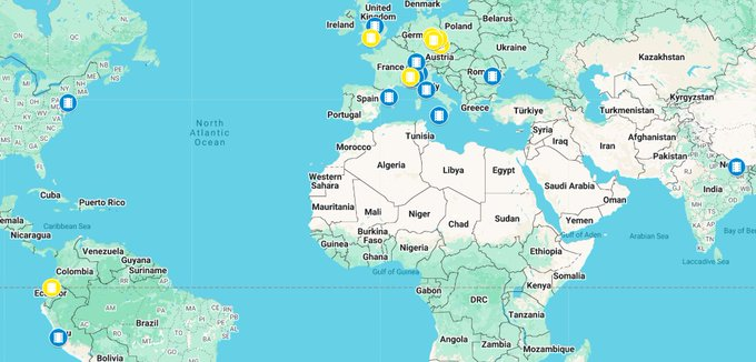 World map showing locations where The Researcher was publicly screened.