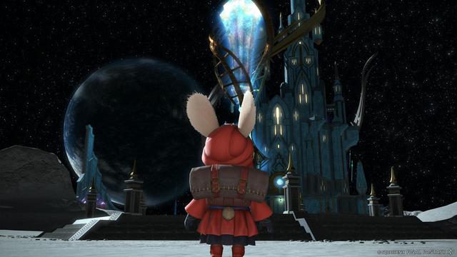 Screenshot of the new Cosmic Explorer content in FFXIV, featuring a small bunny person dressed in red, on the moon, facing away from the viewer, looking at a large structure.