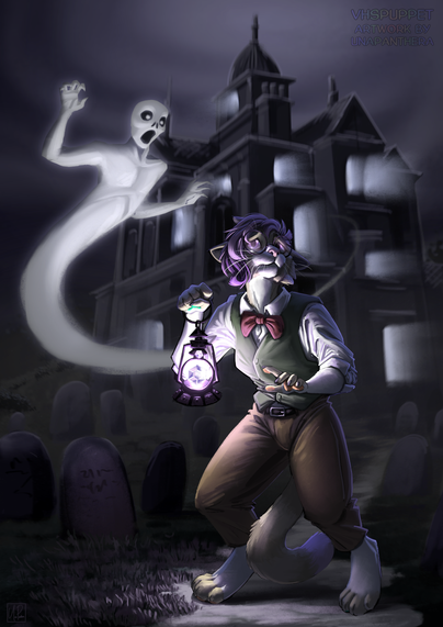 An anthro ragdoll cat with purple hair and round glasses, wearing a green waistcoat and red bowtie with tan trousers, walks through the grounds of Disney's haunted mansion at night, holding a lantern lit by a gem. A ghost is flying out of the mansion window towards them.