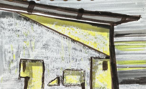 Black, white, grey and acid yellow, textures and shapes in pen and oil pastel