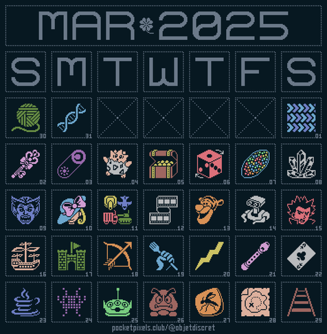 a pixel art calendar for March 2025 with a different illustration on each day, including a fish scale pattern, a Spacetime Key from Sailor Moon, a night mode switch, a Togepi from Pokemon, a treasure chest, a six-sided die, an opal, a quartz, Beast from X-Men, a person in an oversized hat, a set of RTS units (turret, plane, truck, tank), a strip of film, Tigger from Disney's Winnie-the-Pooh, Nintendo's ROB robot, Lance from Pokemon, an airship, a castle, a bow and arrow, a hand holding a fork, a lightning bolt, a recorder instrument, an Ace of Clubs, the Java software logo, a retro shooter alien, the three-eyed alien from Toy Story, a Goomba from the Mario series, a mosquito in amber, a treasure map, a ladder, a ball of yarn, and a DNA strand.