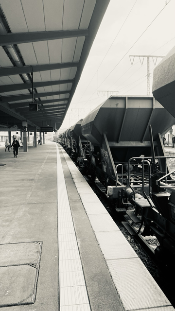 Schwarz-Weiß-Foto: Blick vom Bahnsteigrand entlang des Bahnsteigs, rechts ein Güterzug mit Schüttgutwaggons.