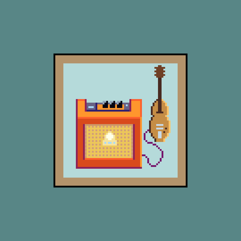 An Orange guitar amplifier, with an electric guitar in the background, plugged in to the amp.