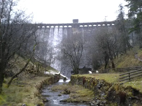 An image of a dam with water being let through, leading to a stream