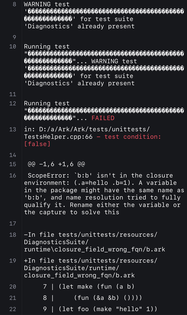 Error messages generated by the tests being run on Windows. A lot of « unknown characters » appear (the interrogation point in a rotated square), with the test runner reporting that « weird name here » already exist (three times).

There is also an error saying that some content do not match the expected content. The only difference is a backward slash in place of a forward one. Thanks Windows.