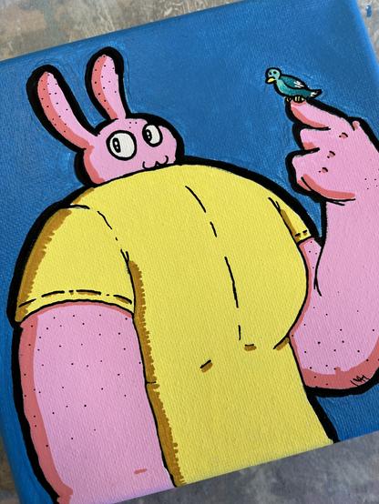 same painting, now with the rabbit's fur colored in pink and their shirt is yellow. the bird on their finger is blue-green with white wing tips and a yellow beak and toes.