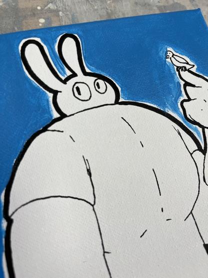 small painting of a rabbit with a large chest and arms. one of their hands is up and a small bird is perched on one of their fingers. the rabbit and bird haven't been painted yet, but the background is painted a deep powder blue.