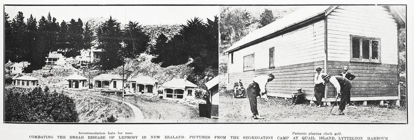 Black-and-white photo montage: Combating the Dread Disease of Leprosy in New Zealand: Pictures From the Segregation Camp at Quail Island, Lyttelton Harbour. 1924. Extended captions: Left. Accommodation huts for the men. Right. Patients playing clock golf. Citation: Supplement to the Auckland Weekly News, 11 September 1924, p. 53. Auckland Libraries Heritage Collections AWNS-19240911-53-03. https://kura.aucklandlibraries.govt.nz/digital/collection/photos/id/245860
