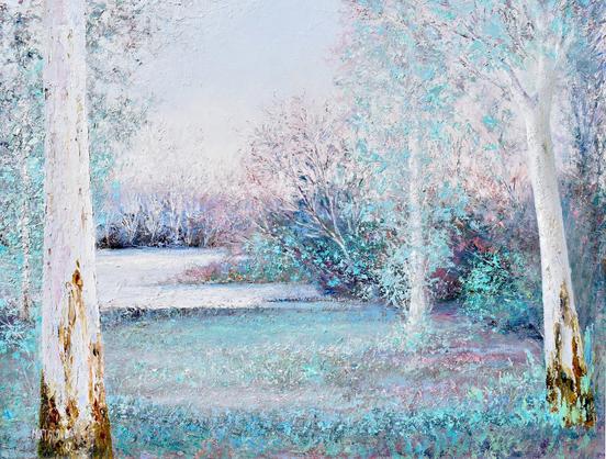 Landscape Painting of a river scene with gum trees  in the soft hour of dusk. There are tall white trunks in the foreground. It is a textured oil painting using soft greens, blues and touches of pink.