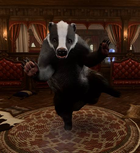 Baldur's Gate 3 photo mode pic of a smiling badger who is looking into the camera while standing on one hind leg, the other leg and front paws in the air, paws facing the camera. The badger is actually a druid in wild shape, but that still counts as a badger, right?