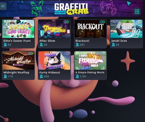 Photo by VRChat on April 22, 2025. May be a graphic of poster and text that says '터빈레티민민 GRAFFITI E66 HUNT GRAB EASTER EGG HUNT Elite'sEasterHunt Elite's Easter Hunt BLACKOUT After AfterGlow Glow JETSKI ΜΕΤΣΚ ISLET Blackouti Jetski JetskiIslet Islet ·Midnight Midnigroo/lep Konop Midnight MidnightRooftop Rooftop MDEOUT FurryHideout Furry Hideout 409 ASIMPLE EAST FİSHING GR モいク CO.WORLD WORLD Hunt Simple ASimpleFishingWorld Fishing World'.
