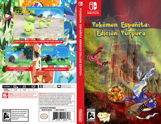 He creado una portada de Pokemon Púrpura meme con todos los tópicos de España, en la parte de atrás que te puedes hacer bocatas con Smoliv, Lechonk y Rabo de Tauros.

Rating de adultos por la esclavitud de animales