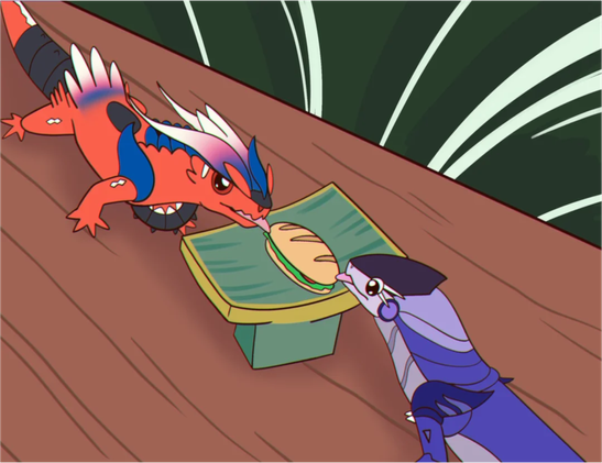De Redit, hecho por /Filipino-Asker 

Koraidon y Miraidon chupando un bocata en el bosque en modo lagarto de verdad muy meme