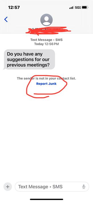 Spam text message asking for suggestions about previous meetings. The “report junk” link is circled in red.