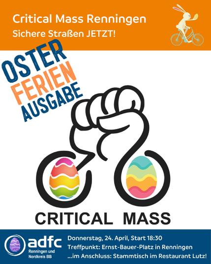 Criticalmass Renningen
24. April 2025
Treffpunkt 18:30 am Ernst-Bauer-Platz, Renningen