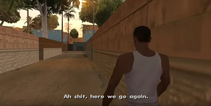 "Ah shit, here we go again" screen of CJ from GTA: San Andreas