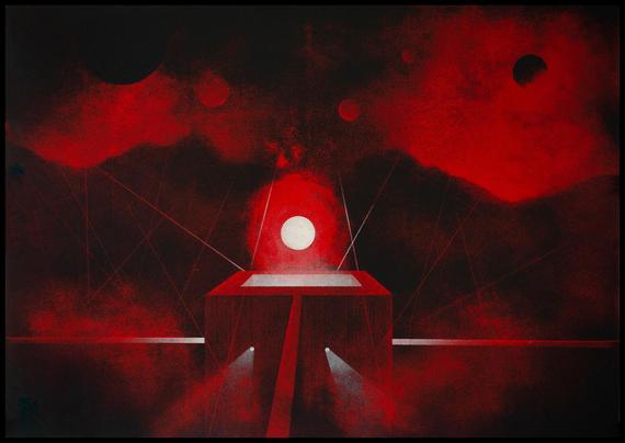 The image presents a surreal, dreamlike night scene set in a dramatic red and black color palette. A glowing red orb, partially caged by vertical bars, sits at the center of a striped platform, drawing immediate focus. The sky is dense with swirling red clouds and multiple dark celestial spheres, suggesting an otherworldly atmosphere. Abstract architectural forms frame the composition—sharp-edged, geometric structures emerge from the darkness, with some lines of bright white slicing through the scene like beams or rails. In the background, silhouettes of mountains rise under the blood-red sky, enhancing the feeling of isolation and mystery.