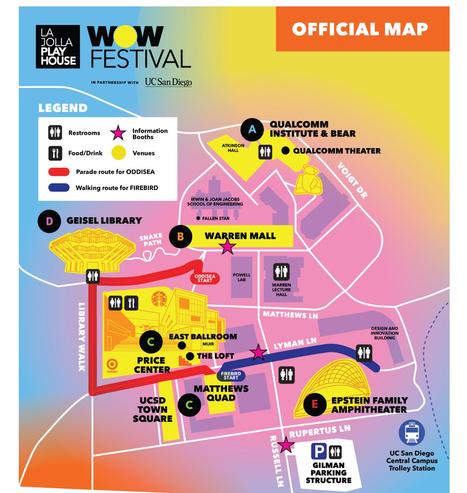 LA JOLLA PLAY HOUSE OFFICIAL MAP.  Parade route for ODDISEA starts near Warren Mall, ends at the Matthews Quad