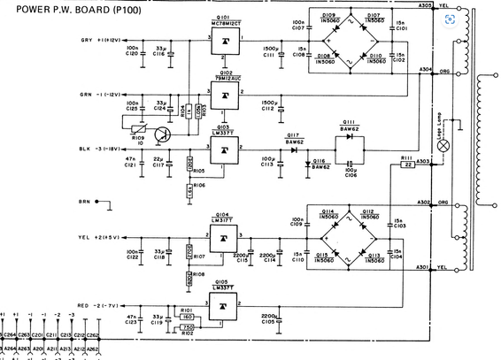 Schematics for the power supply showing regulators for +12V, -12V, -18V, +5V and -7V