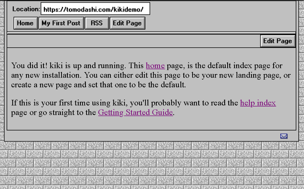 A screenshot of the kiki construction kit running on a demo site. The homepage layout resembles the NCSA Mosaic and Netscape 1.x browsers. Nothing but a sea of grey-on-grey buttons, with a grey brick background.