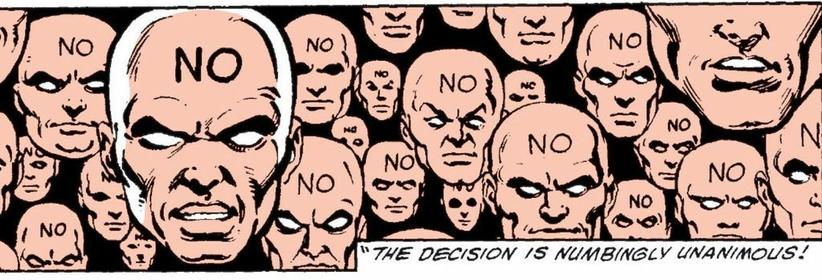 An image of a myriad of disembodied, floating heads of bald white men with no eyes just white where the eyes should be. All of them have the word “NO” on their foreheads. Narration: ”The decision is numbingly unanimous!“