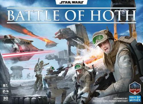 Game box with a small Star Wars logo and huge “Battle of Hoth” splashed across the top in appropriately epic Star Wars font. The background art shows elements from the battle, including harried Rebel troopers in cold weather gear and blaster rifles in the foreground, a distant artillery turret, and Rebel snowspeeders (one trailing fire and smoke) flying toward the huge Imperial AT-AT walkers plodding across the snowscape.