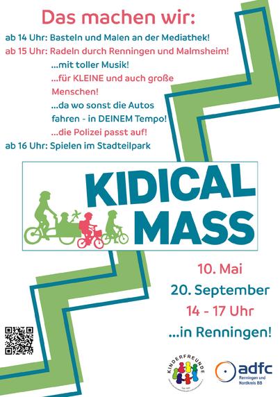 ab 14 Uhr: Basten und Malen an der Mediathek
ab 15 Uhr: Radeln durch Renningen und Malmsheim!
… mit toller Musik!
… für KLEINE und große Menschen!
… da wo sonst die Autos fahren – in DEINEM Tempo!
… die Polizei passt auf!
ab 16 Uhr: Speilen im Stadtteilpark