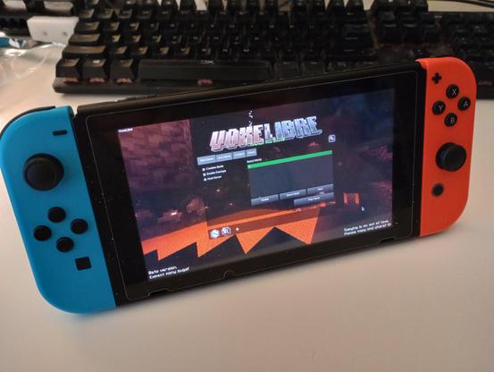 as described: a nintendo switch running Voxelibre, a game for the Luanti engine. it looks similar to Minecraft.