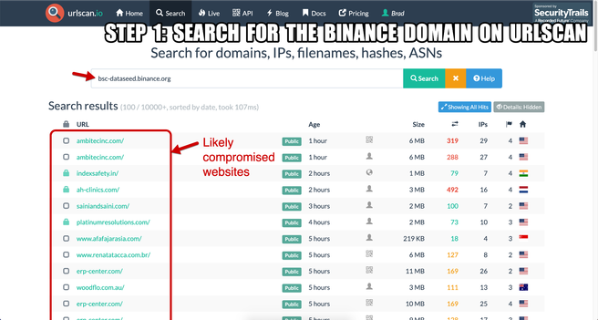 Step 1: Search for bsc-dataseed.binance[.]org on URLscan (urlscan.io).  You can sign up for a URLscan account for free.  The search results should contain pages from legitimate sites that have been compromised for this campaign.