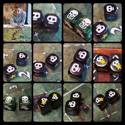 Jasper smiling hard while the skulls sides of my dice are smiling even harder.