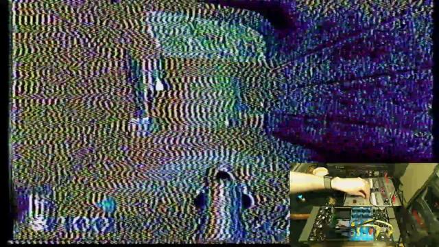 Screenshot of videogame Quake with empty hallway. Colors are messed up with noise.