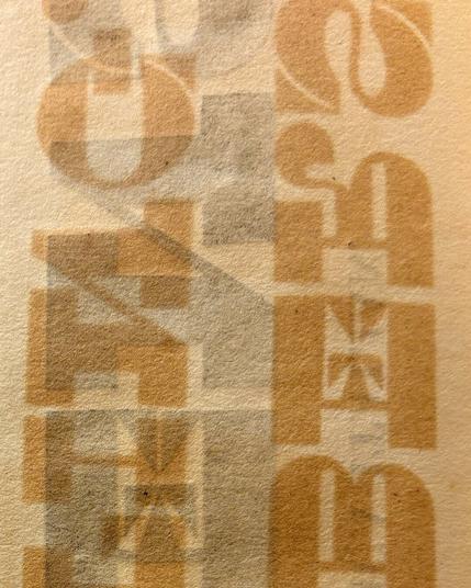 Overlapping typographic forms from 1827 George Bruce specimen catalog. Cream colored stock with high contrast tonal value letterforms.