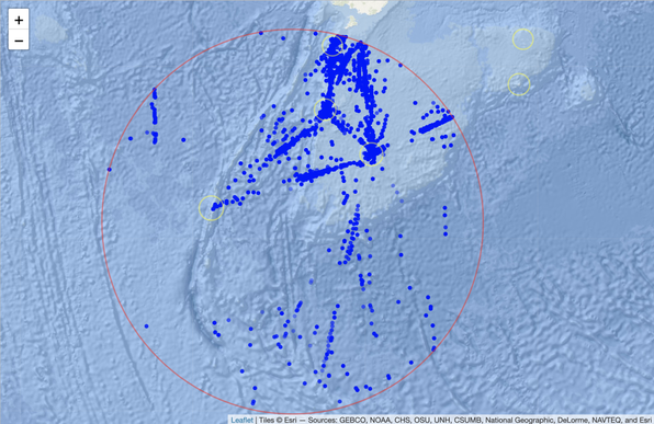 A map showing some blue dots of observations in the subantarctic area below NZ, with some circles for islands and observed area