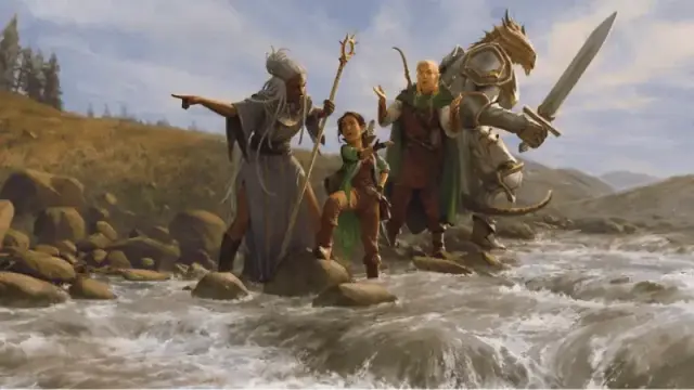 A group of four different DnD character classes all arguing at a river.
