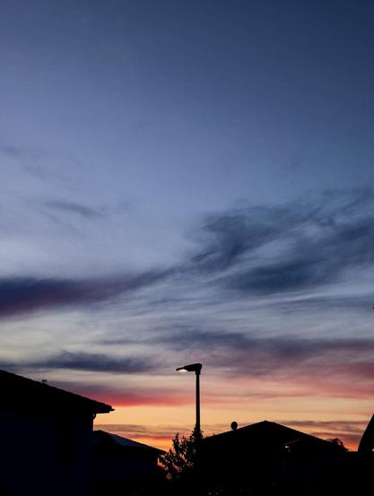 A tranquil twilight scene captures the silhouette of rooftops and a lone streetlamp against a vibrant sky. Hues of deep blue dominate the upper portion, gradually transitioning to bands of soft pink, orange, and a touch of yellow near the horizon. Wispy clouds stretch across the frame, adding texture to the colourful expanse. The dark outlines of the buildings and the streetlamp stand in stark contrast to the fading light, creating a peaceful, suburban atmosphere.