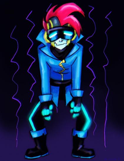 Android character with a blue jacket and a pink mohawk slouching forward in defeat. The goggle like piece on their face displays crying eyes.
