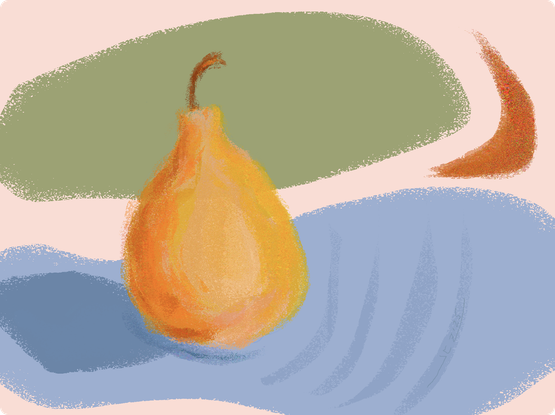 The image depicts an abstract representation of a pear. The pear is centrally positioned and is depicted in shades of yellow and orange, with a brown stem at the top. The background consists of abstract shapes and forms, including a large green shape behind the pear and a blue shape beneath it, suggesting a surface or shadow. To the right of the pear, there is a curved, elongated shape in shades of red and orange. The overall composition is stylized, with a focus on the form and color of the pear and surrounding elements.