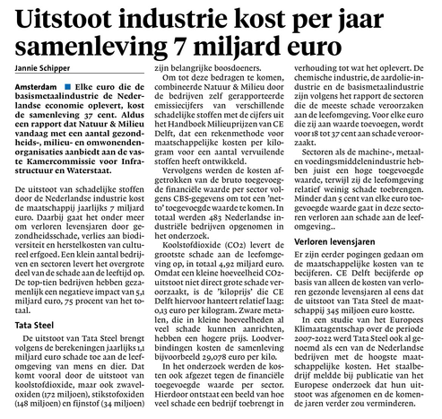 Uitstoot industrie kost samenleving 7 miljard per jaar.