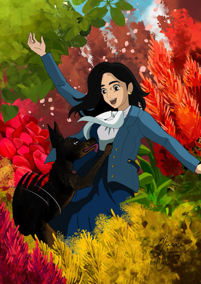 Art of my dog Galadriel gladly jumping on a happy me in a garden with giant flowers. Drawn by Nicole Passos (nicolepassosart on Instagram).