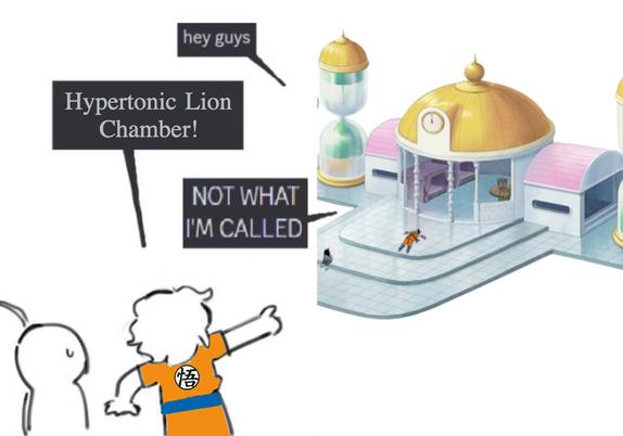 The Hyperbolic Time Chamber from Dragon Ball Z says "Hey guys"

A guy painted to look like Goku in his outfit says, Hypertonic Lion Chamber!

The Hyperbolic Time Chamber says NOT WHAT I'M CALLED