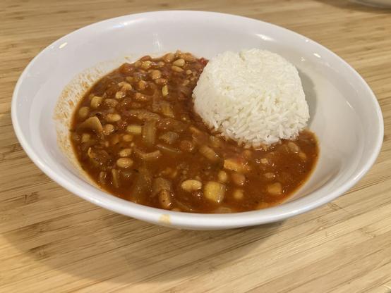 A tomato-based bean sauce served with rice.