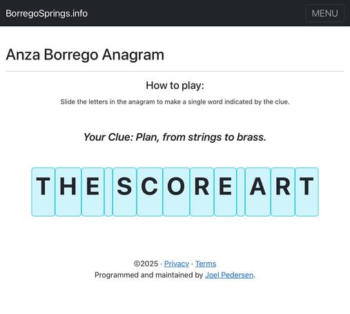 A screenshot of ‘The Anza Borrego Anagram.’ A word game. There is an anagram which reads ‘the score art’ and a clue which reads ‘Plan, from strings to brass.’