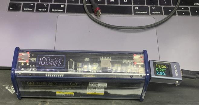 A USB power bank that holds eight 18650 lithium cells.   It has a display which reports state of charge, voltage and current.   It can deliver up to 12v (also 9v or 5v) at up to 22.5 watts.