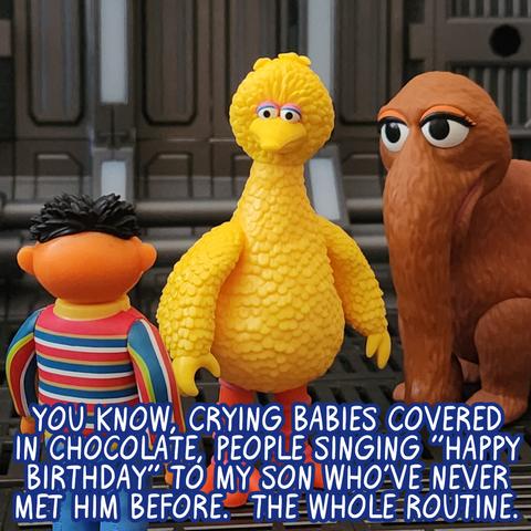 Reverse angle, Snuffy in background, Big Bird to Ernie: You know, crying babies covered in chocolate, people singing "Happy Birthday" to my son who've never met him before.  The whole routine.