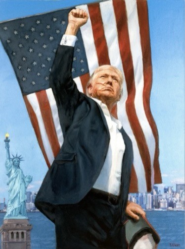 Rump standing athwart a ferry in newyork harbor, raising his fist in opposition to the constitution while an american flag is displayed upside down in the standard signal of distress