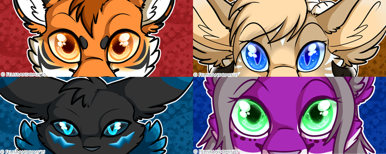 Digital art of 4 different sets of eyes for various commissioners. There's a tiger, a dragon, a renamon, and a chakat.