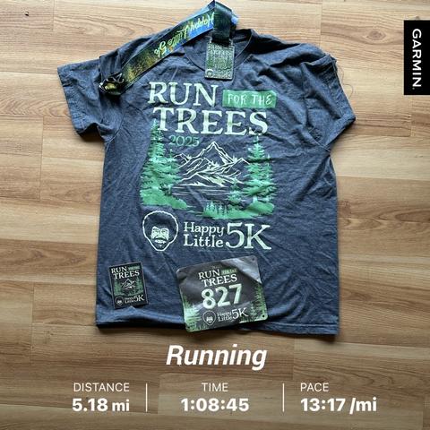Photo Hapoy Little Trees 5K Tahiti with a graphic of Bon Ross with tress and mountains in the background with the words “run for the trees”. The phot also has a race medal, race bi, and sticker. 

Running stats overlaid: distance 5.18 miles, Time: 1hr 8 min 46 sec with a Pace of 13:17 per mile