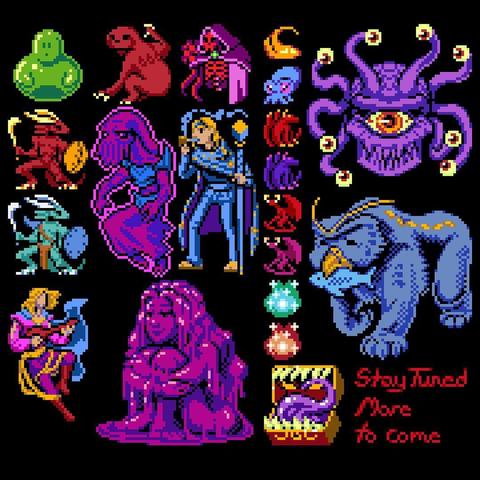 Various pixel art monsters with limited color palettes on a black background. Medium sprites includes a plump slime, a demon sloth, a corrupted necromancer, two variations of kobold (one with a leather shield, one with a metal shield and simple armor), a treasure chest mimic, a levitating mindflayer, a young wizard smoking a pipe, and a bard playing his lute with cape of billowing blowing in the wind.

Smaller sprites include quasits, protodragons, wisps, a tiny squid, and a flame elemental of sorts.

Large sprites include an owlbear with a fish in its beak, and a slime that's taken the shape of a woman to lure adventurers, and  a beholder intensely staring at the viewer with its many eyes.