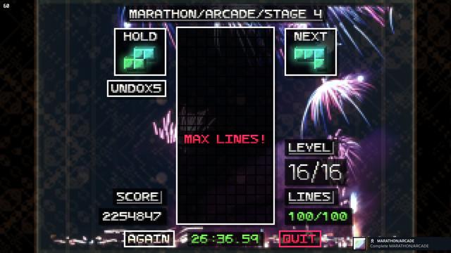 Final result in Tetrachroma's Marathon/Arcade mode.
Progress: Stage 4, 100 lines (CLEAR!!).
Score: 2,254,847.
Clear time: 26'36"59.